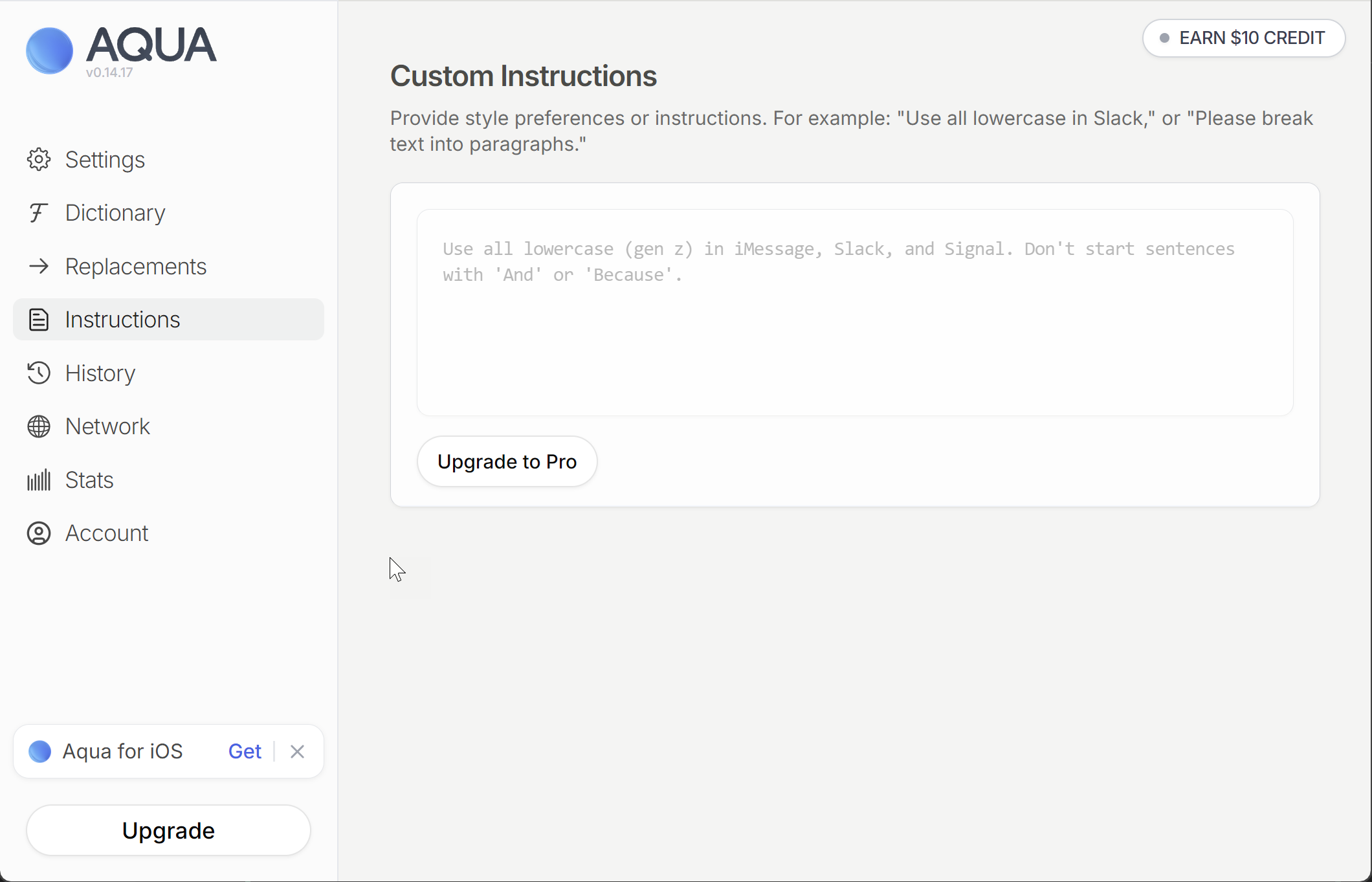 Aqua Voice — Custom Instructions — per-app style preferences (Pro-locked)