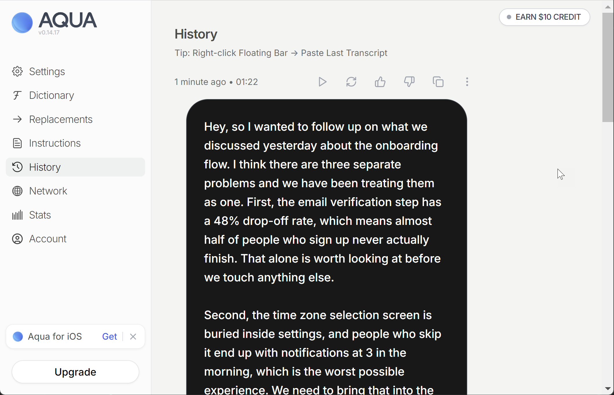 Aqua Voice — History — full transcript with playback and rating controls