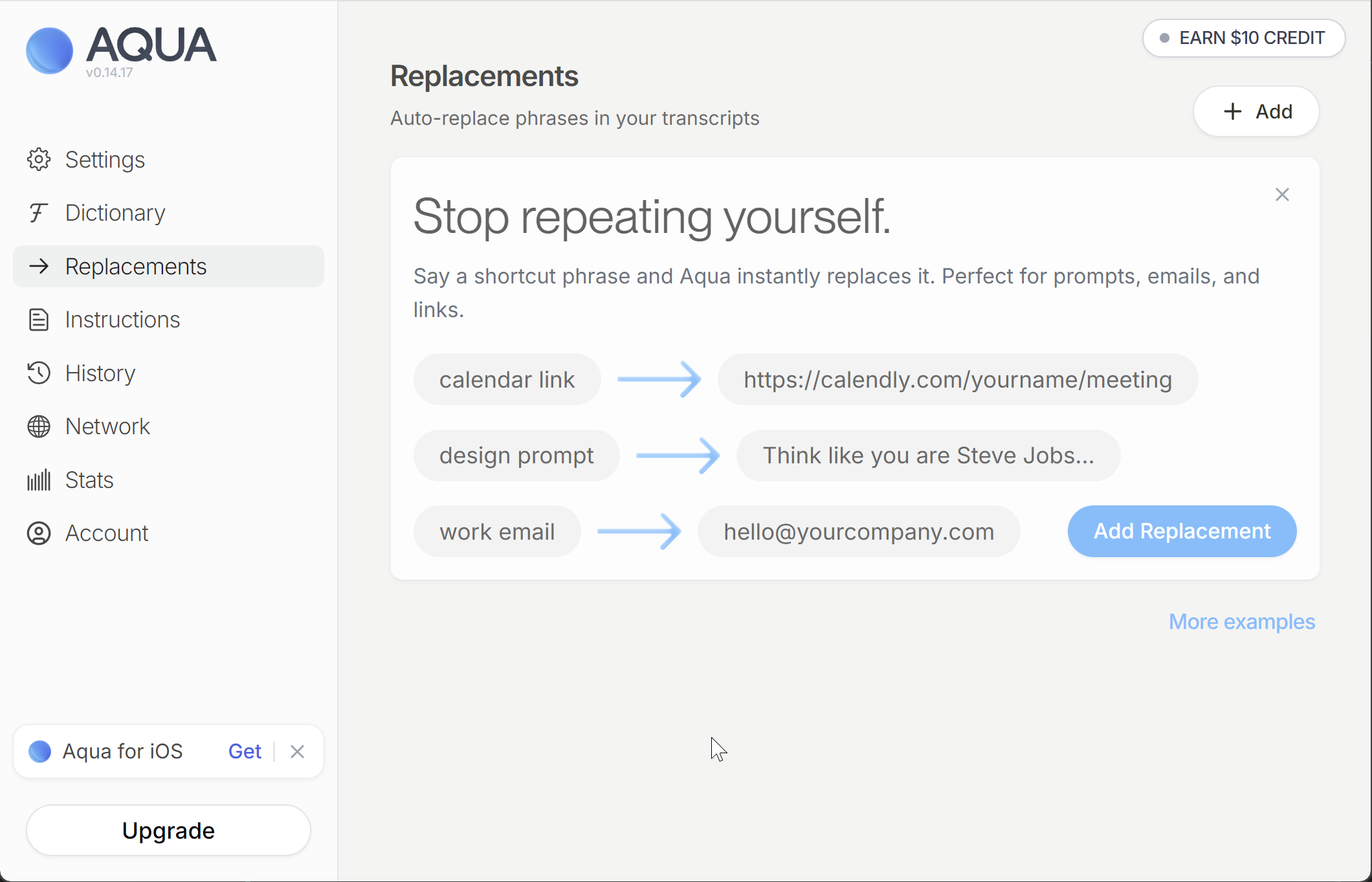 Aqua Voice — Replacements — auto-replace shortcuts inserted at transcription
