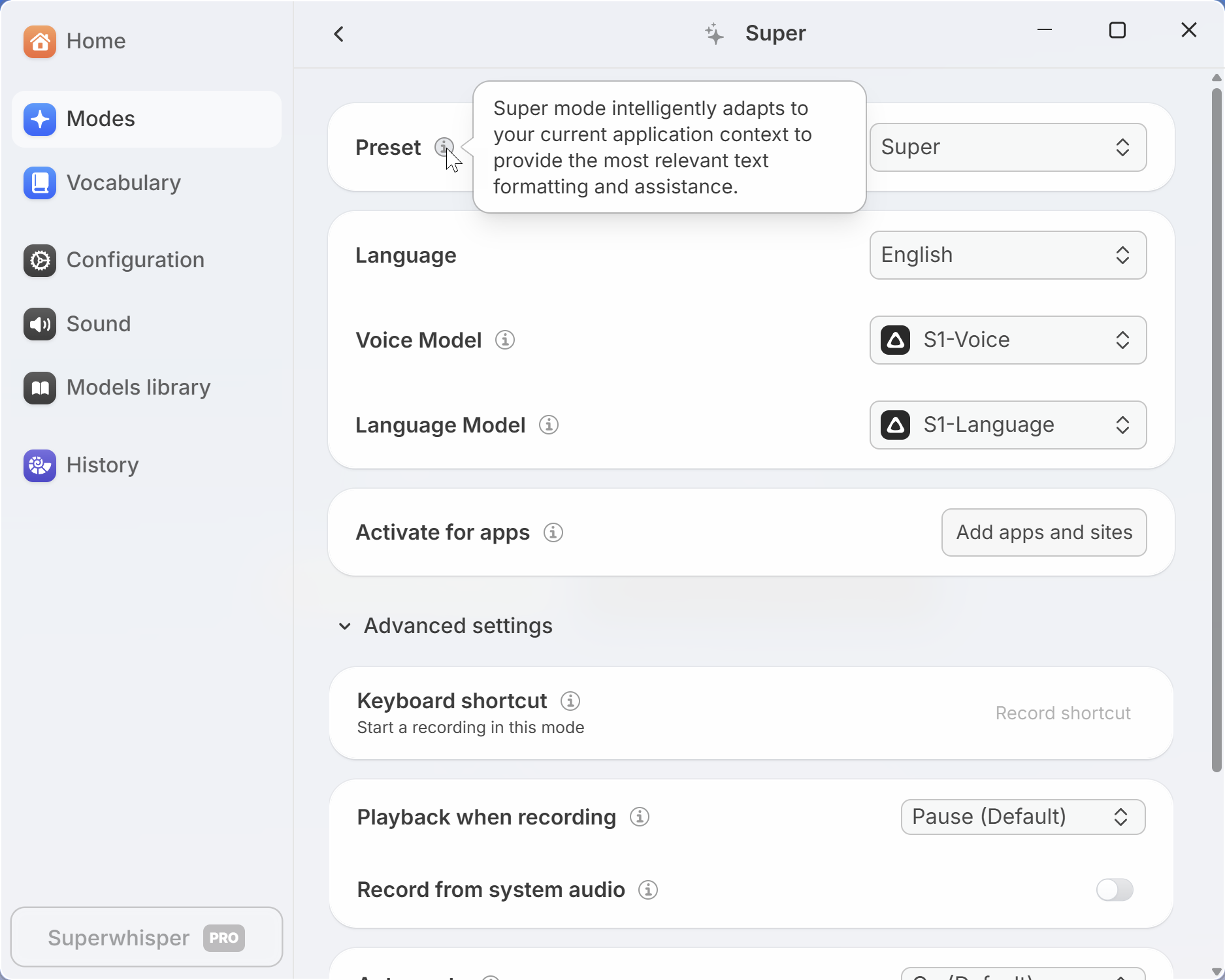 Superwhisper — Advanced mode settings — hotkey, Super mode tooltip