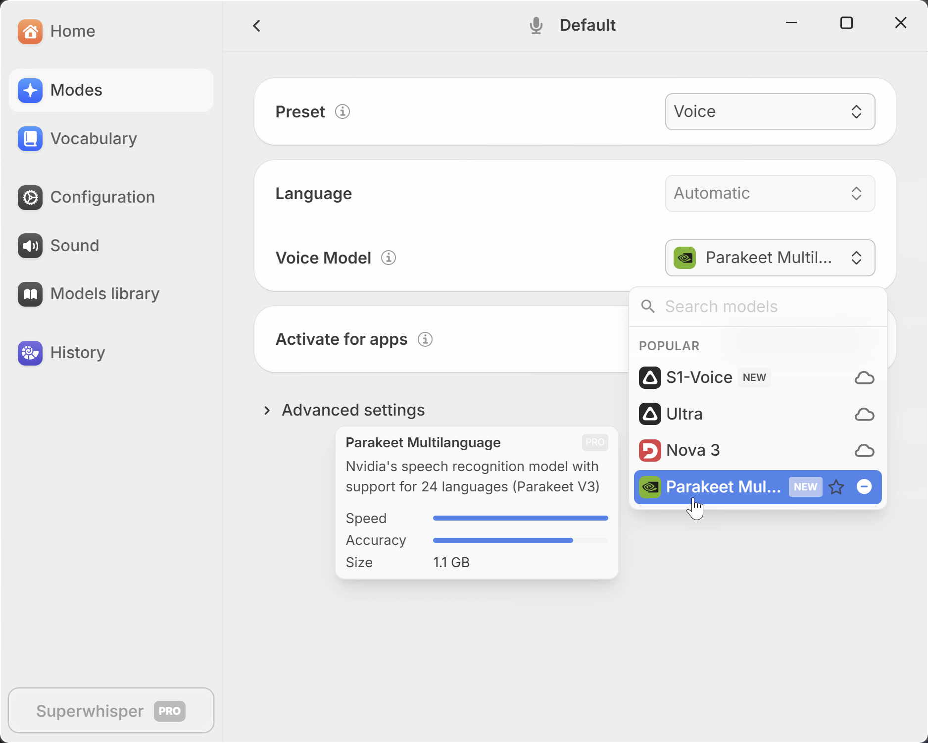 Superwhisper — Mode settings — STT model picker (Parakeet, S1-Voice)