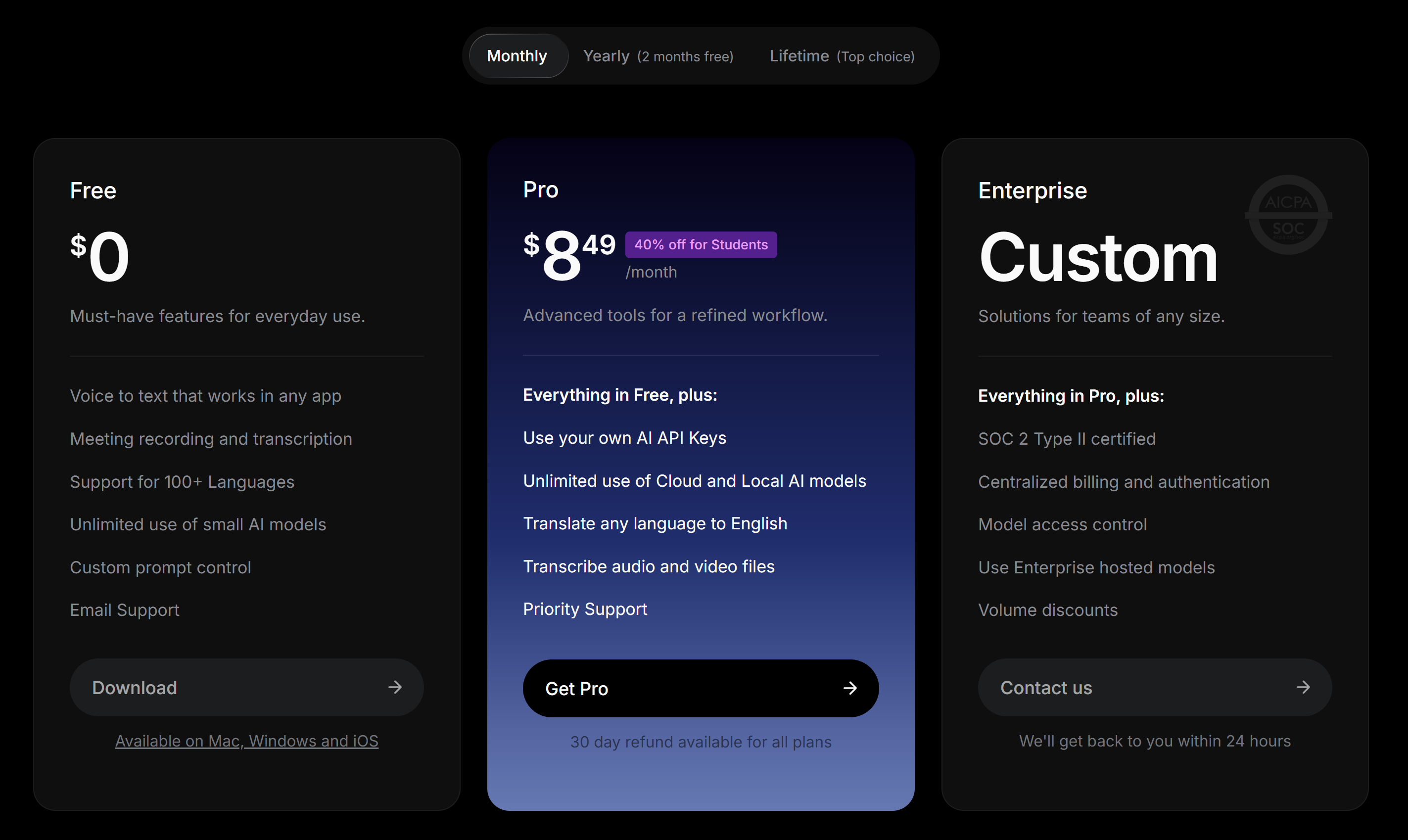 Superwhisper — Superwhisper pricing — Free, Pro $8.49/mo, Enterprise
