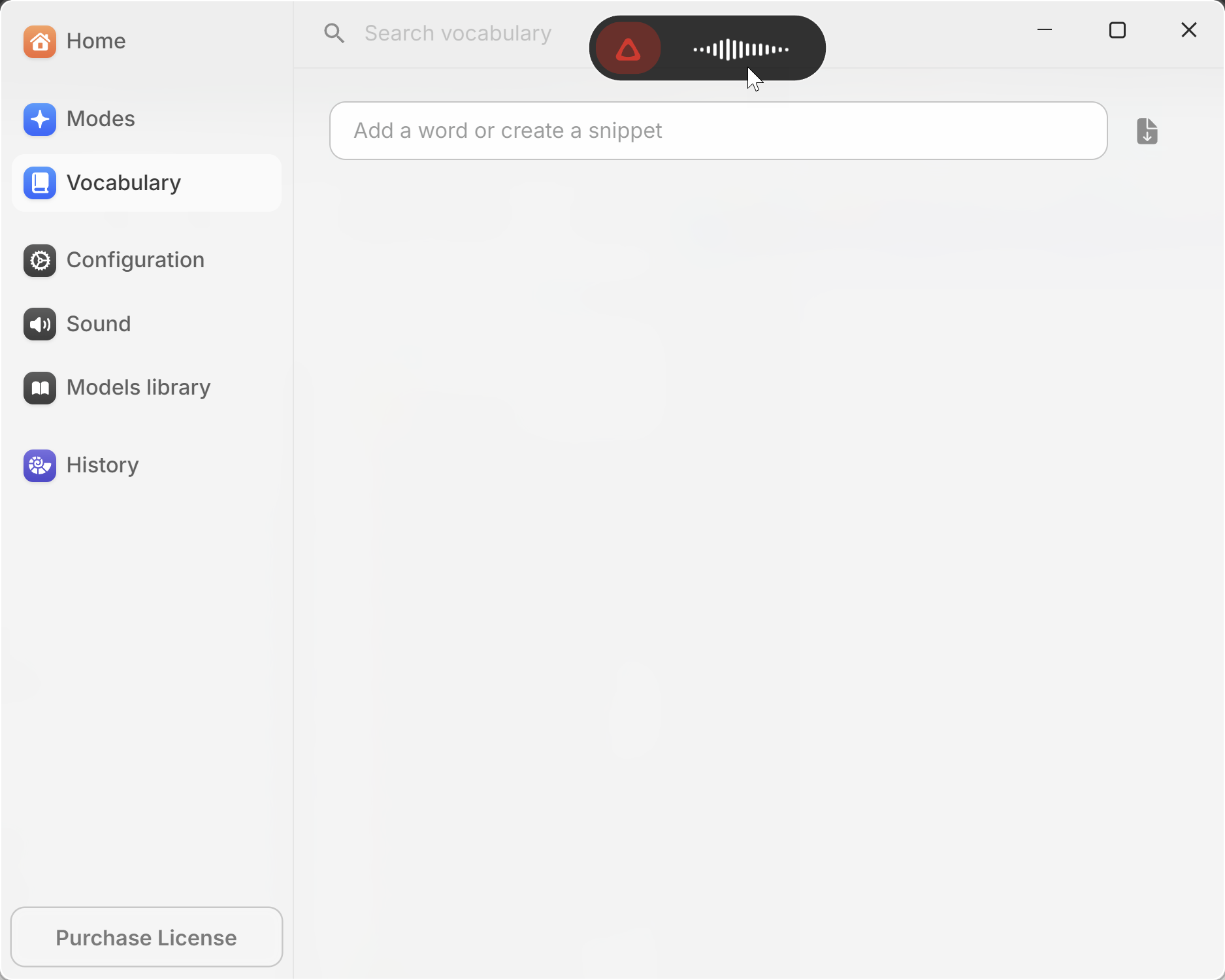Superwhisper — Vocabulary tab with recording pill active