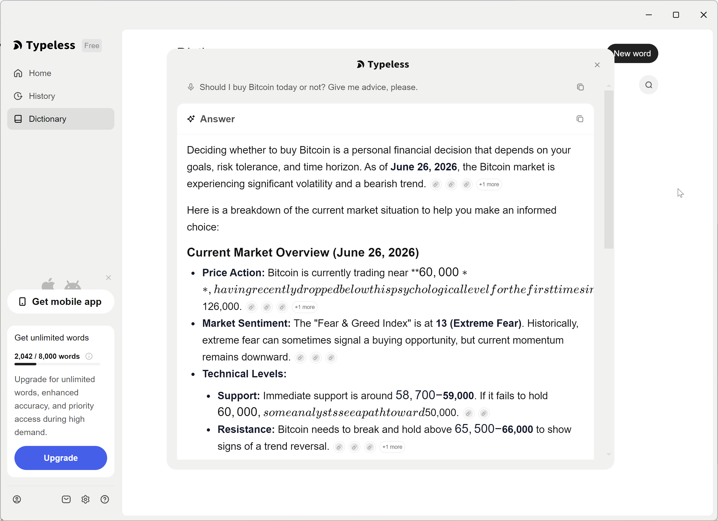 TypeLess — Ask Anything mode — AI answers questions with web search, shown inline
