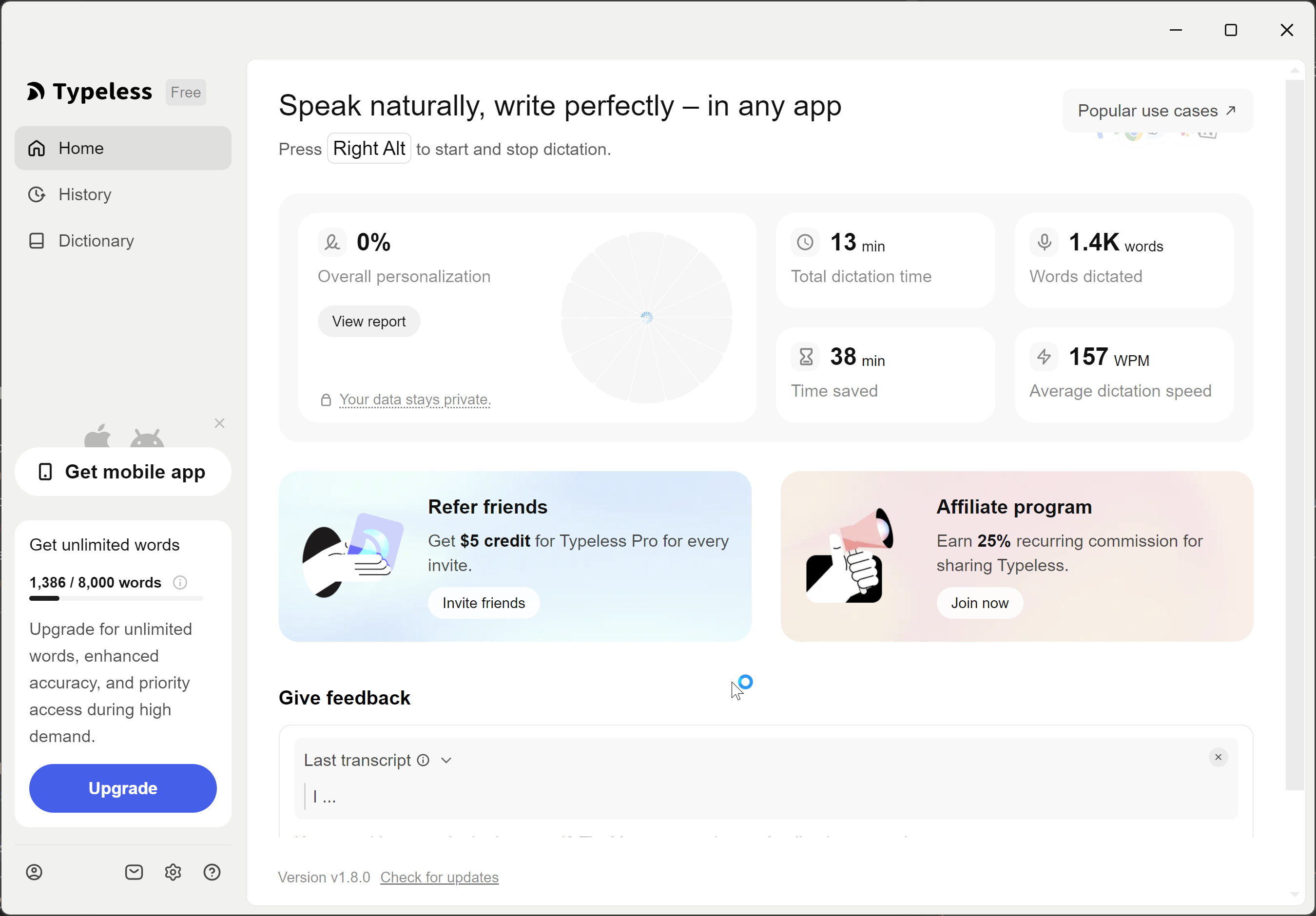 TypeLess — Home dashboard — usage stats, 8,000-word free tier progress bar
