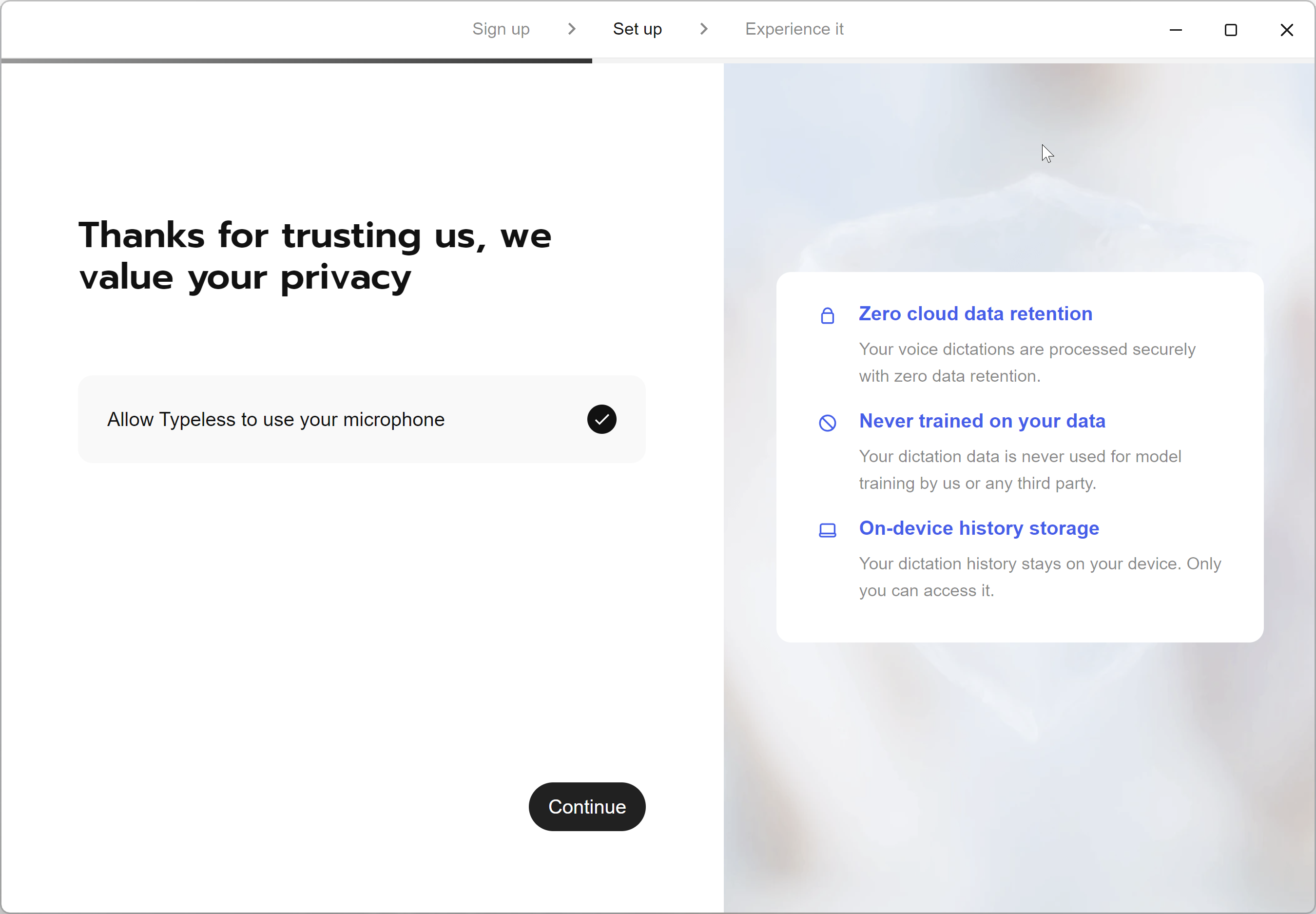 TypeLess — Privacy claims during onboarding — zero retention, no training use