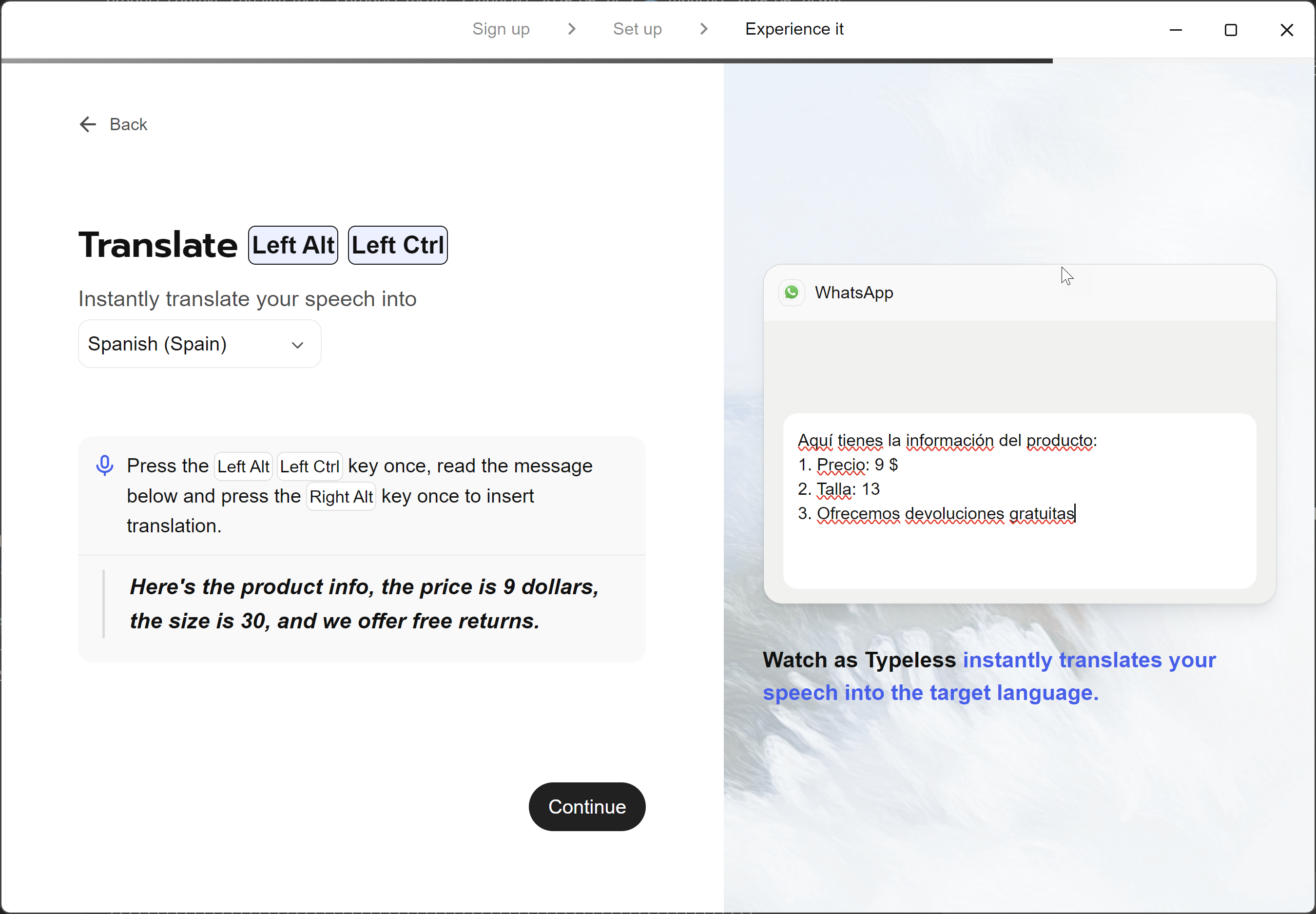 TypeLess — Onboarding — Translate mode: speak English, get Spanish in WhatsApp