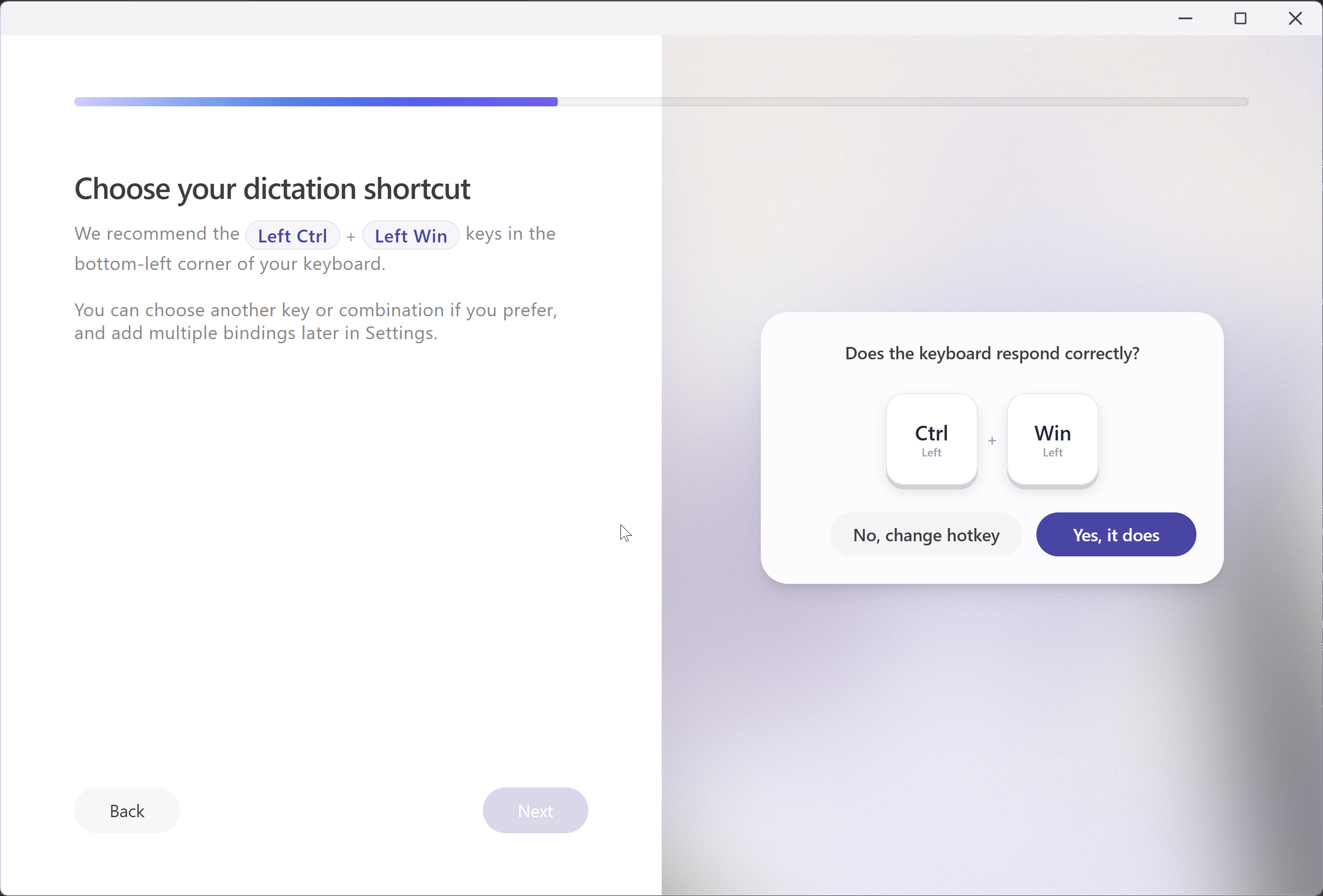 Willow Voice — Onboarding — hotkey setup with live keyboard test prompt