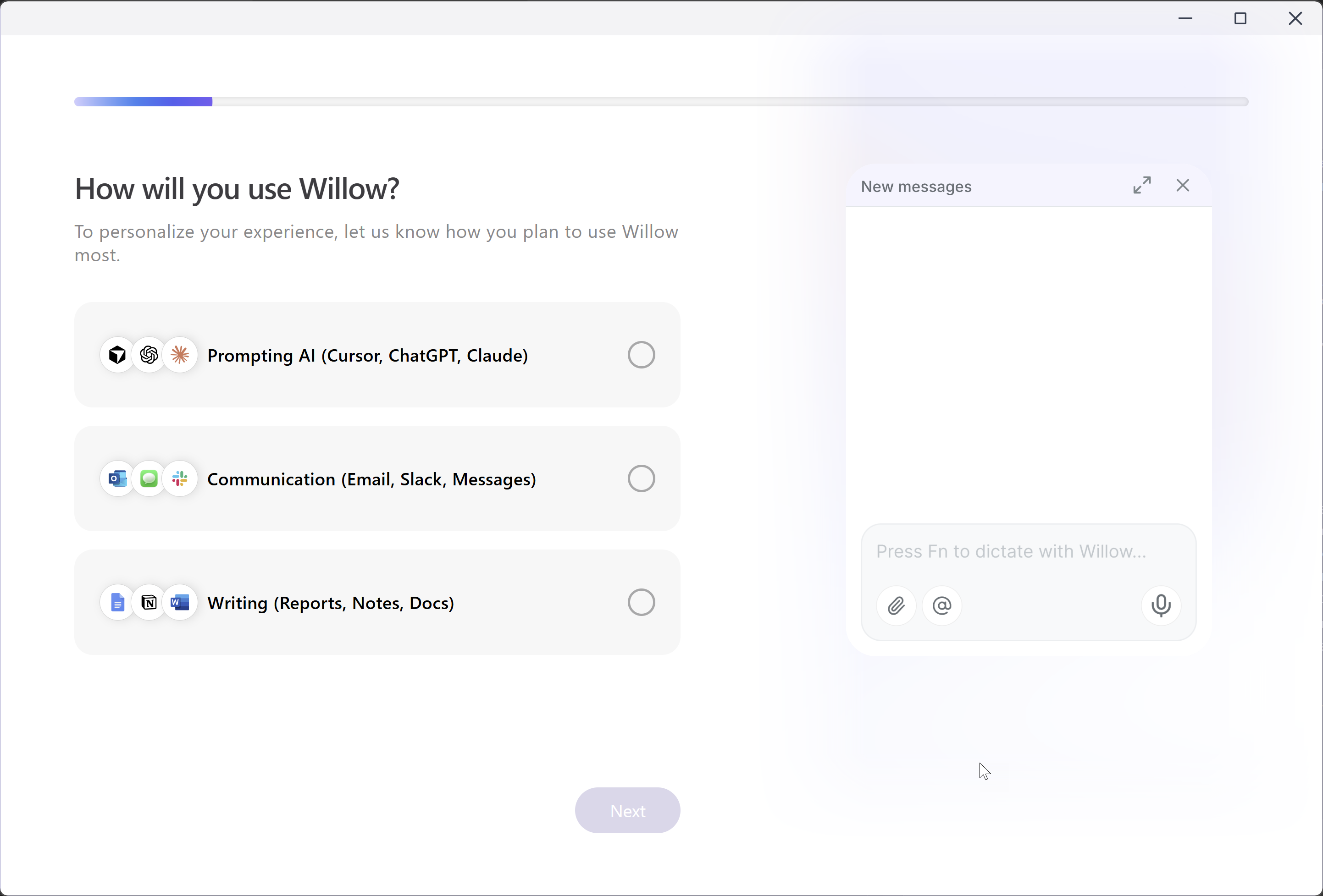 Willow Voice — Onboarding — use-case picker (AI prompting, communication, writing)